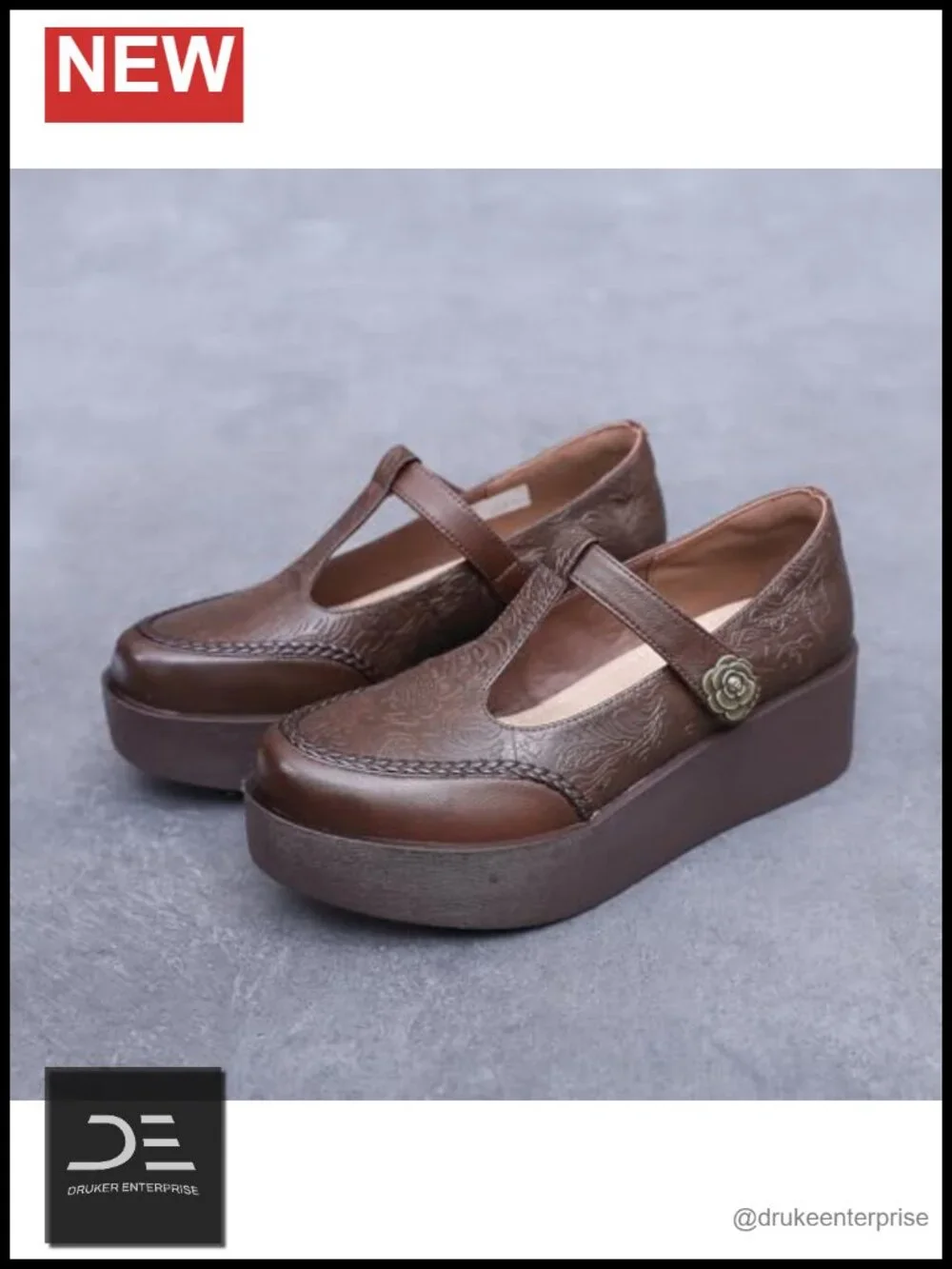 Genuine Leather T-Strap Platform Mary Jane Wedge Pumps Adjustable Hook and Loop
